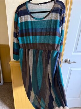 Striped Teal and Navy Brown Midi Dress - Long Sleeve lightweight